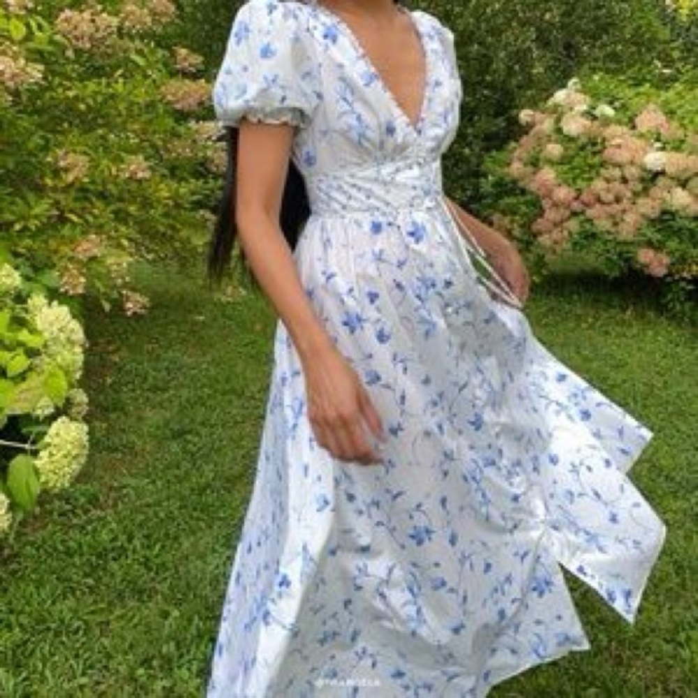 Hill House Home Sabrina Nap Dress Blue Floral with matching headband